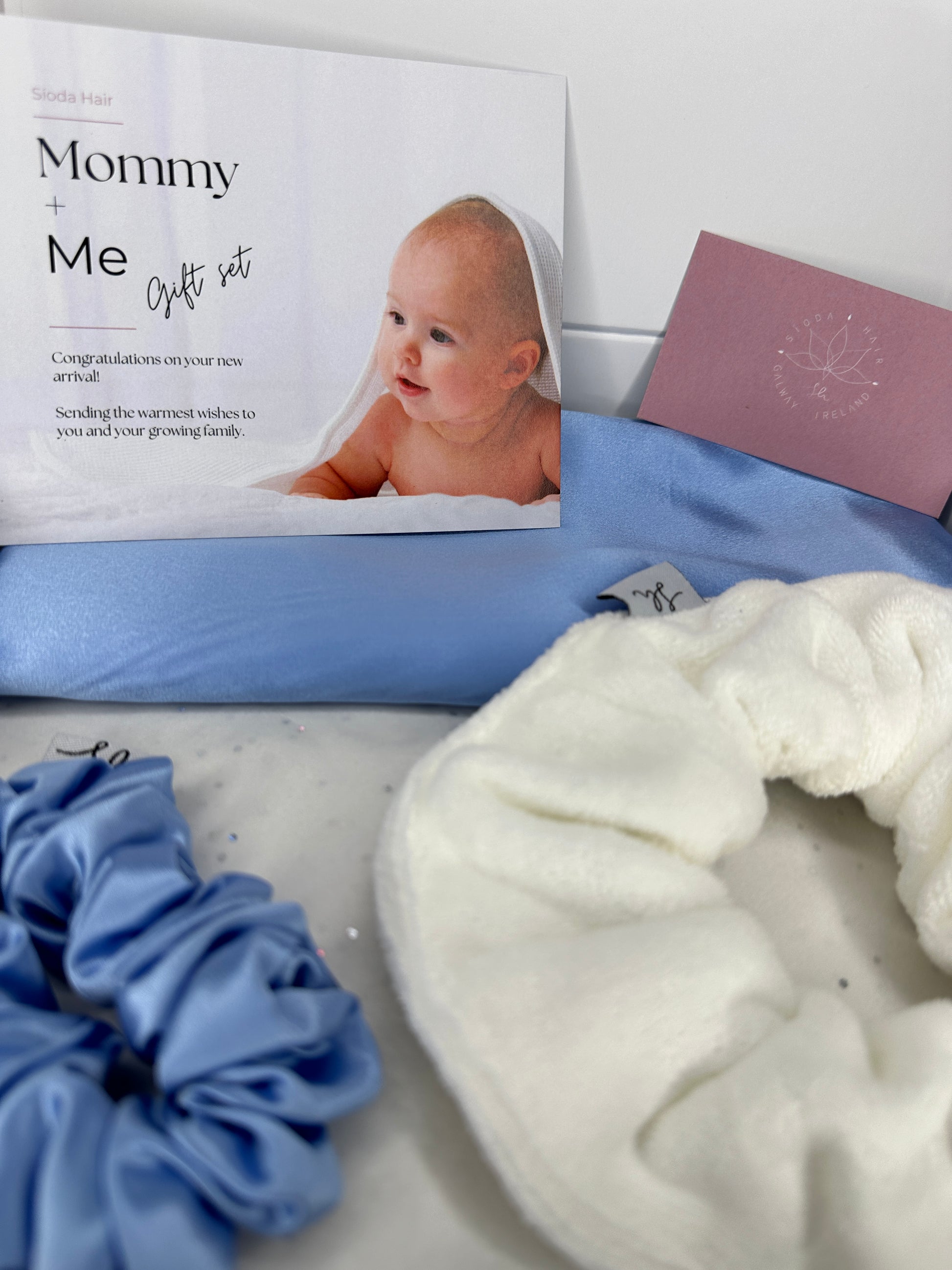 Sioda Mommy + Me Gift set in Baby Blue. Set includes a Mulberry Silk Scrunchie, Mulberry silk cot sleeve and microfibre towel scrunchie 